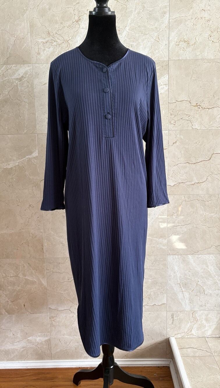 VTG Calida Switzerland Midi Nightgown — XS Navy 100% Cotton Striped Sleep Shirt